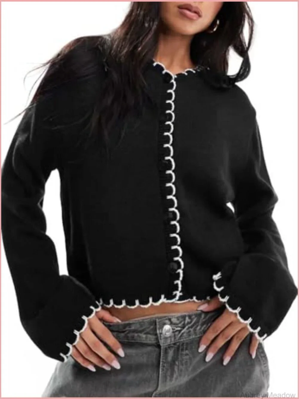Women Long Sleeve Cardigan Button Down Knit Jacket Open Front Cropped Contrast